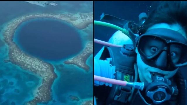 A diver captured at the Great Blue Hole, experiencing the awe-inspiring underwater world at 390 feet deep.