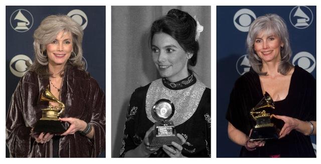 A glimpse of Emmylou Harris’s timeless achievements, holding her Grammy Awards from different stages in her career.