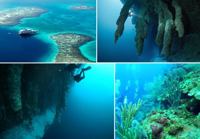 Diver exploring the depths of the Great Blue Hole, surrounded by vibrant coral reefs and underwater life.