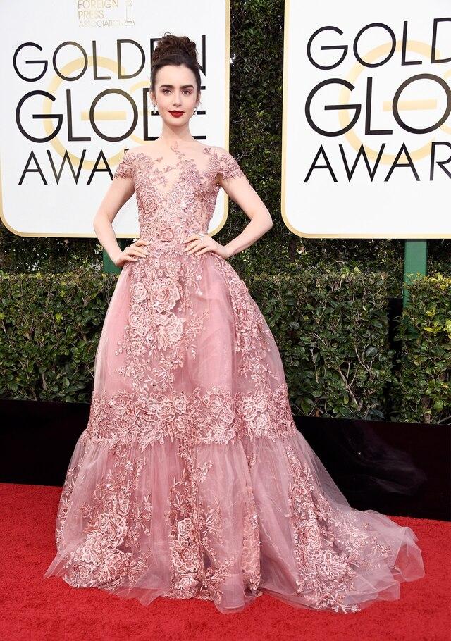 How Lily Collins brought fairy tale elegance to the Golden Globes with her Zuhair Murad gown.