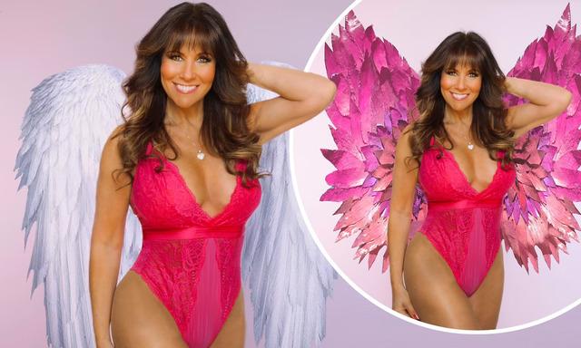 Recent photoshoot of Linda Lusardi in a red lace bodysuit with angel wings, celebrating confidence at midlife.