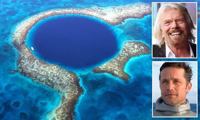 The Great Blue Hole from above, with explorer Richard Branson and Fabien Cousteau leading an expedition to uncover its secrets.