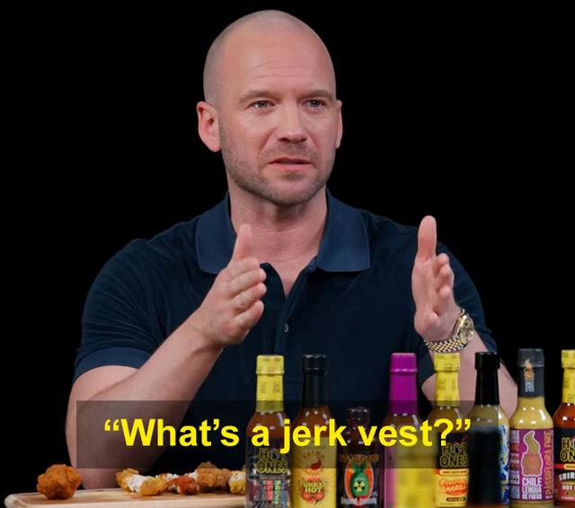 The viral moment happened when host Sean Evans asked Powell about a common stunt term: "jerk-vest,"