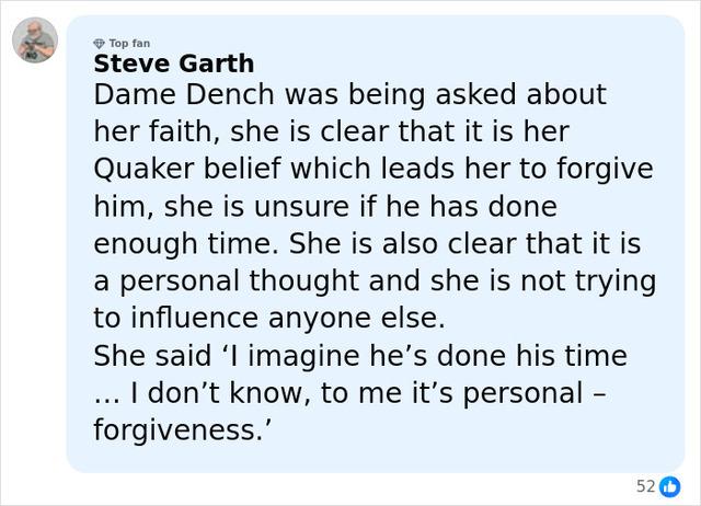 A passionate fan reacts to Judi Dench’s comments about Harvey Weinstein, reflecting the polarized responses to her controversial defense of the disgraced producer.