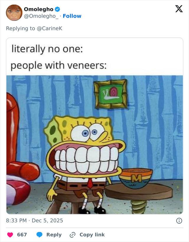 A playful comparison to Miley's previous veneers—fans humorously point out the exaggerated look, with many laughing at the 'SpongeBob' style.