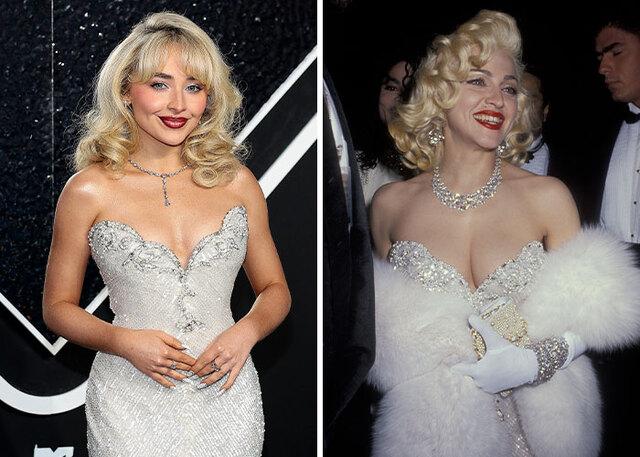 Analyze Sabrina Carpenter’s take on Madonna’s 1991 Oscars gown and how she added her modern twist.