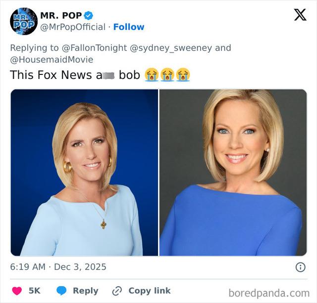 Another comparison emerges, with critics joking that Sydney Sweeney's hairstyle is reminiscent of a typical Fox News anchor's look.