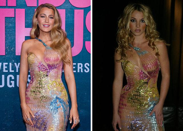 Compare Blake Lively’s take on Britney Spears’ 2002 Versace gown and the mixed reactions it received.