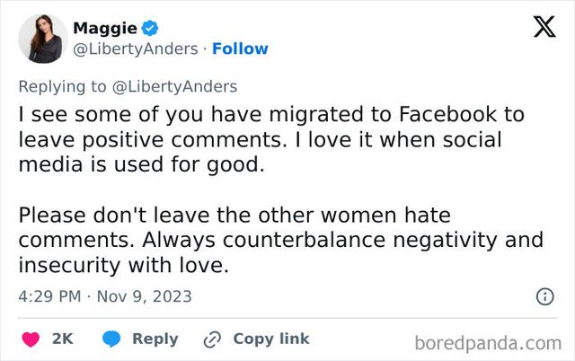 Maggie encourages followers to combat hateful comments with positivity, using their voices to support instead of tear down.
