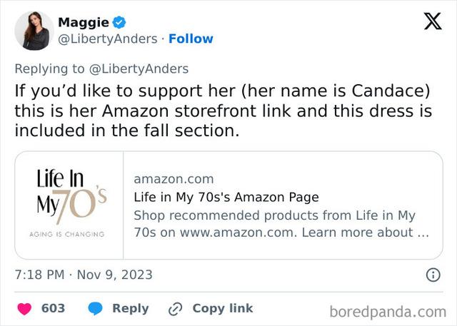 Maggie provides a link to Candace’s Amazon page, supporting women embracing their age and style by promoting her fabulous outfits.