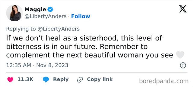 Maggie urges women to break free from the cycle of bitterness and support each other by offering compliments, not criticism.