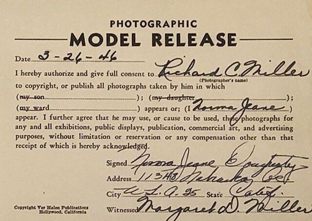 The original 1946 photographic model release form signed by Norma Jeane Dougherty, granting photographer Richard C. Miller permission to use her images—an early document from the beginning of her modeling career.