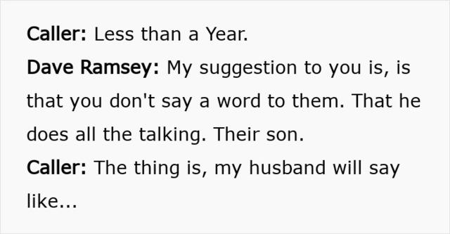 The caller, feeling stuck, explains that despite her husband’s efforts, the in-laws guilt-trip him into staying, complicating their ability to regain control over their living situation.