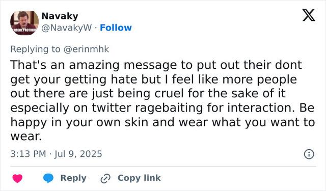 A comment from a fan who applauds Erin for spreading an amazing message of self-love and empowerment, challenging the harmful culture of fatphobia.