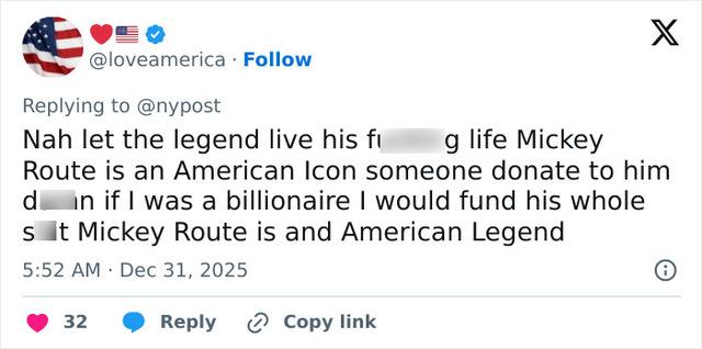 A fan expresses support for Mickey Rourke, calling him an American icon despite his recent hardships.