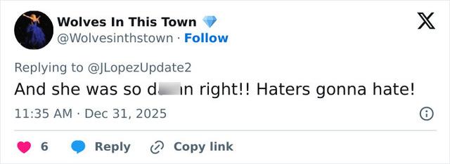 A fan supports Jennifer Lopez’s bold fashion choices, reinforcing that haters will always criticize, but Lopez stays true to herself.