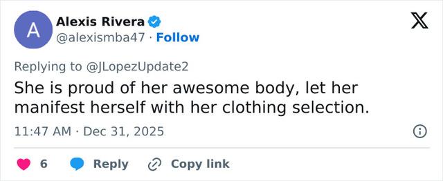 Alexis Rivera defends Jennifer Lopez’s fashion choices, praising her pride in her body and her right to express herself through her wardrobe.