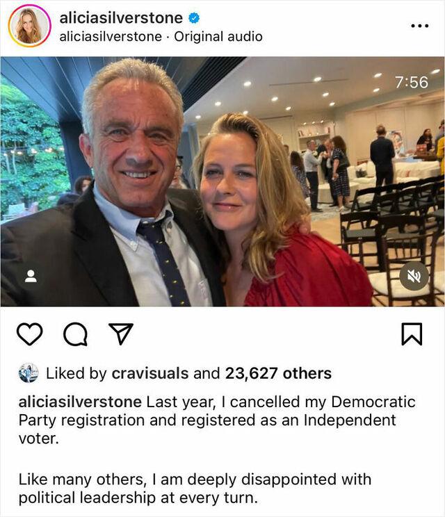 Alicia Silverstone shares a personal political update on social media, reflecting on her decision to register as an independent voter.