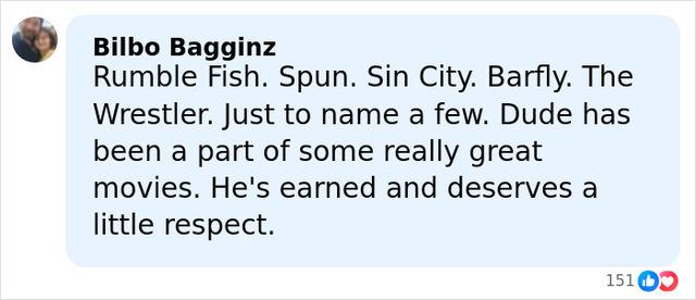 Bilbo Bagginz remembers Mickey Rourke’s iconic roles in Rumble Fish, The Wrestler, and more, calling for respect for his career.