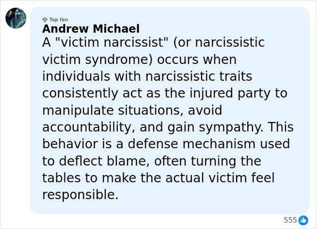 An online commentary defining "victim narcissism," reflecting the psychological lens through which many critics viewed the trial's testimonies.