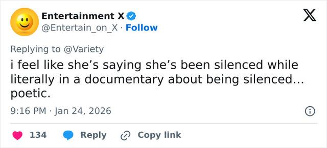 Caption: Netizens react with irony to the documentary's premise, questioning how a public figure in a global film can claim to be "silenced".