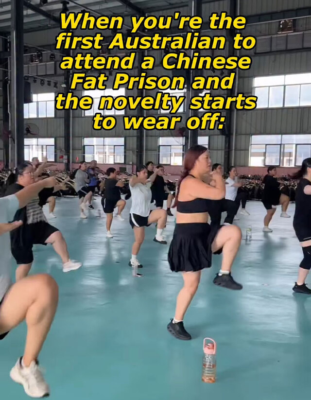 Group exercise session inside the high-security weight-loss compound.
