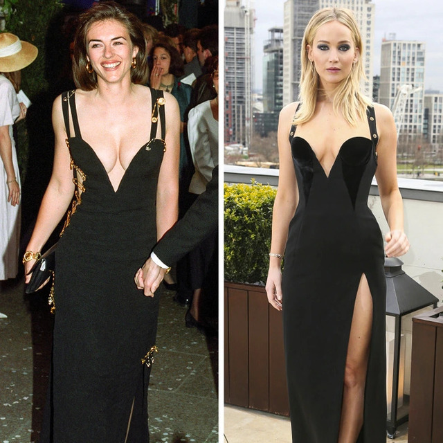 Jennifer Lawrence captured the raw confidence of Elizabeth Hurley’s historic safety-pin revolution.