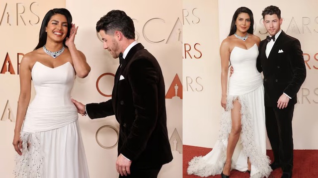 Nick Jonas and Priyanka Chopra narrowly avoided a red-carpet disaster when their golf cart nearly tipped over.