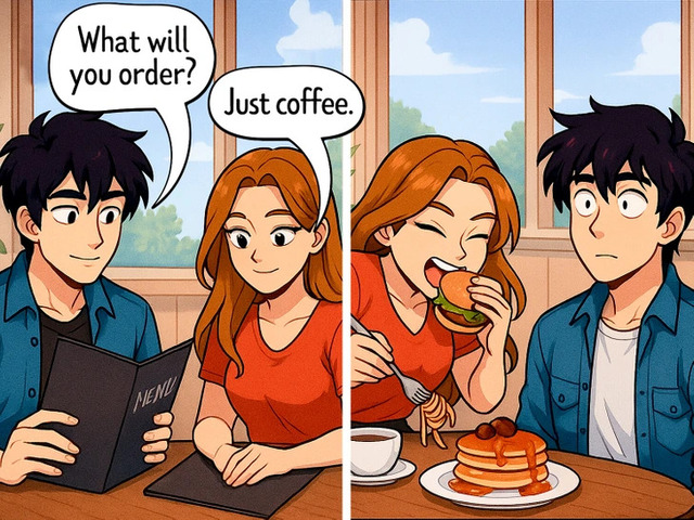 The Coffee Regret: She only ordered coffee but immediately regretted not getting the fries.