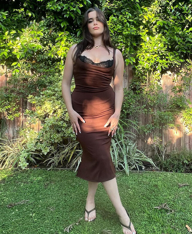 The star strikes a pose in a brown midi dress with lace detailing during an outdoor shoot.