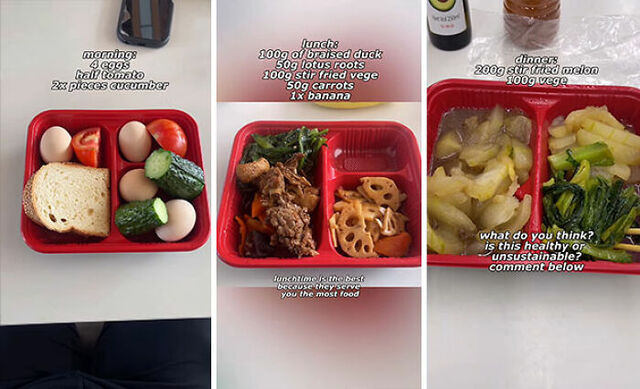 Typical portion-controlled meals served on stainless steel trays for breakfast, lunch, and dinner.