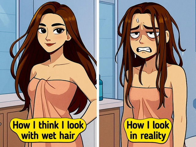 Wet Hair Reality: Wet hair looks like a glamorous commercial on TV but a shipwreck in real life.