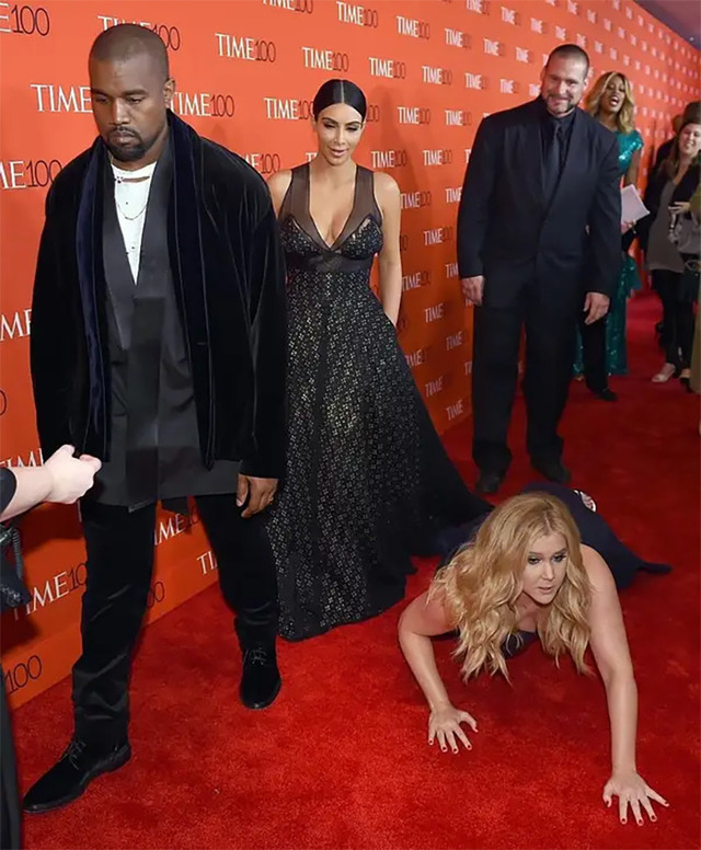 Amy Schumer's prank fails to impress the stoic Kardashian-West duo.