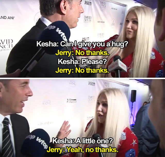 Jerry Seinfeld sparks a global debate by declining Kesha's hug.