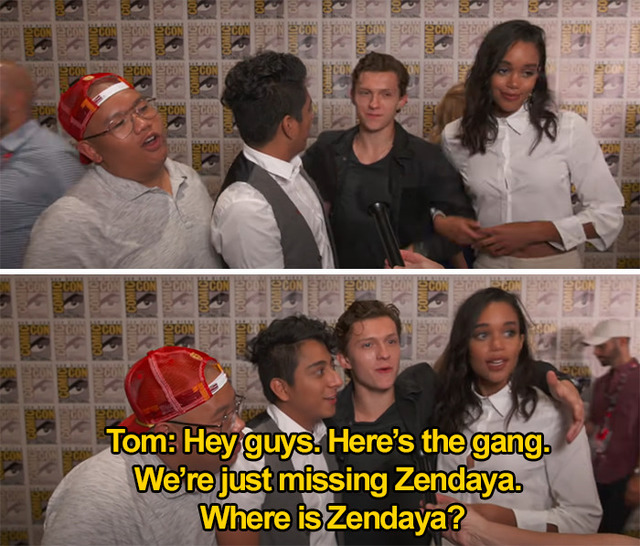 Tom Holland masterfully avoids dating rumors during a cast photo.