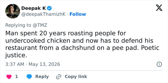 A viral tweet highlights the perceived "poetic justice" of Gordon Ramsay—a chef famous for his ruthless hygiene standards—having to defend his own establishment against allegations involving a pet training mat.