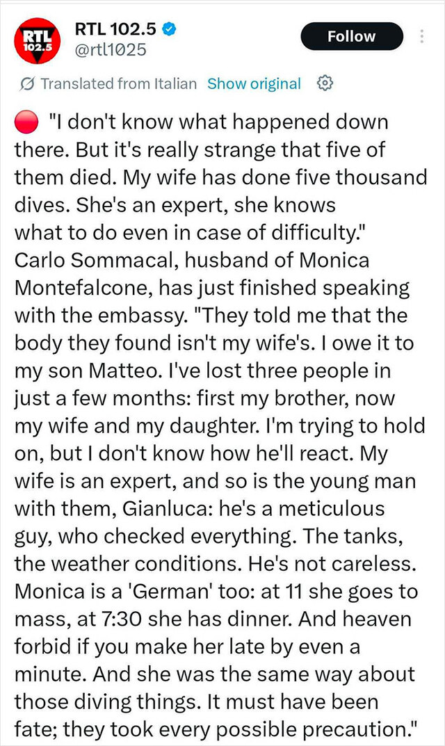 A public statement from Carlo Sommacal, the grieving husband and father of two victims.