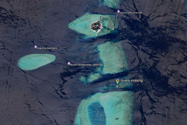 A satellite map marking the "5 divers missing" location at the Vaavu Atoll dive site.