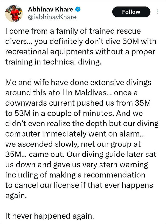 An experienced diver's warning on social media about the lethal risks of downward currents in the Maldives.