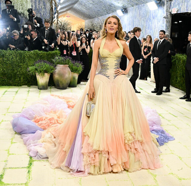 Blake Lively: Archive Versace paired with sentimental watercolor art by her children.