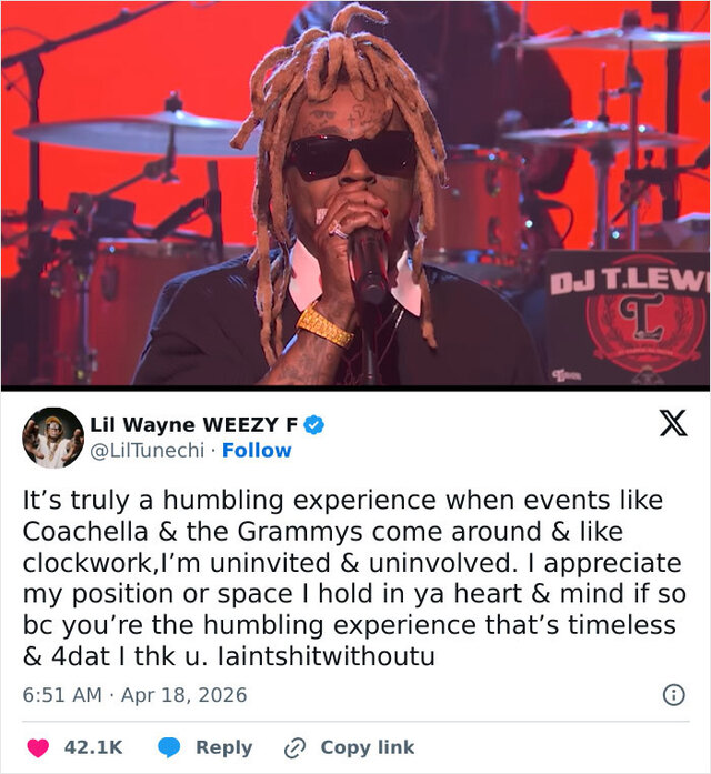 Lil Wayne expressed disappointment over being excluded from the lineup.