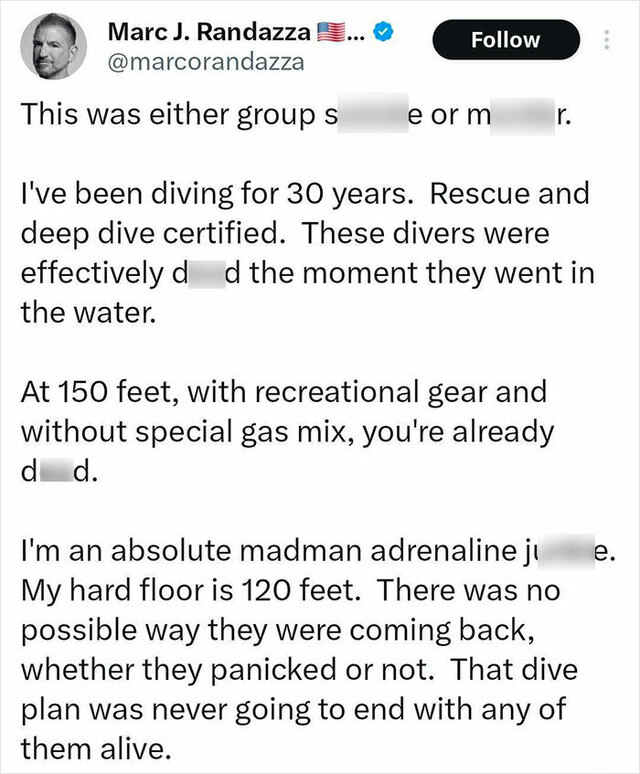 Technical diving experts weigh in, highlighting that the 150-foot descent was impossible with recreational gear.