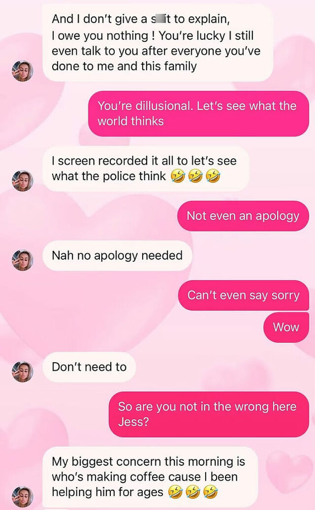 A leaked confrontational text exchange between Levi and Jessica, where she denies being in the wrong and mentions recording the incident for the police.
