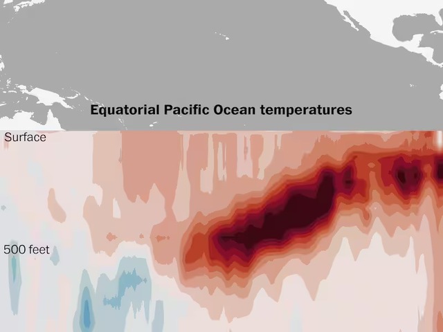 A subsurface temperature profile of the equatorial Pacific showing a dense concentration of thermal energy migrating eastward below the ocean surface.