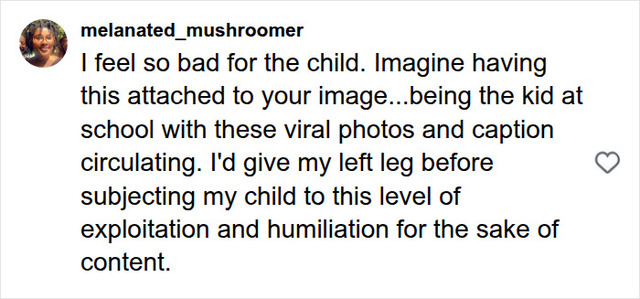 An Instagram comment calling out the potential long-term humiliation and exploitation a child faces when family life goes viral.