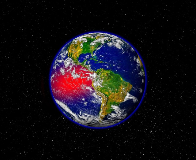 Global climate mapping illustrates the intense thermal anomaly in the eastern Pacific, the defining footprint of an emerging Super El Niño cycle.