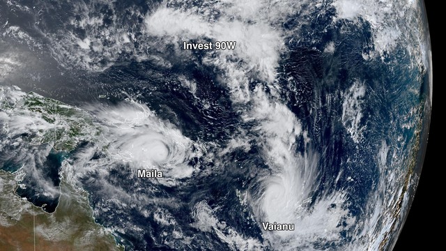 Satellite tracking showing a volatile cluster of tropical cyclones and atmospheric disturbances triggered by altered global wind patterns.