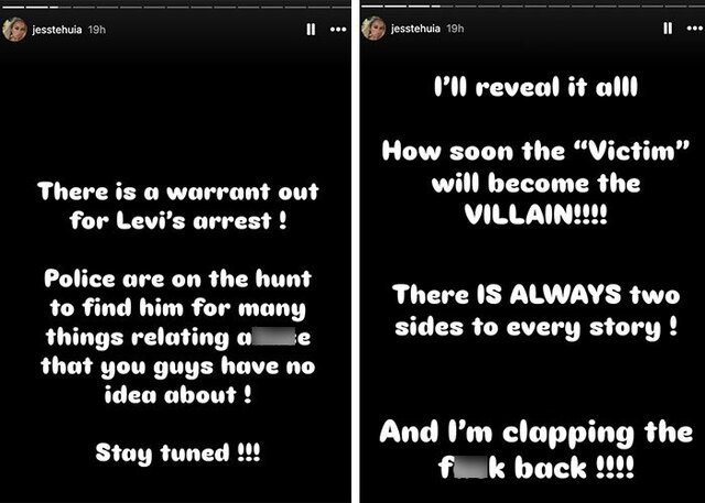 Social media updates shared by Jessica alleging a warrant for Levi's arrest and promising to reveal the truth.