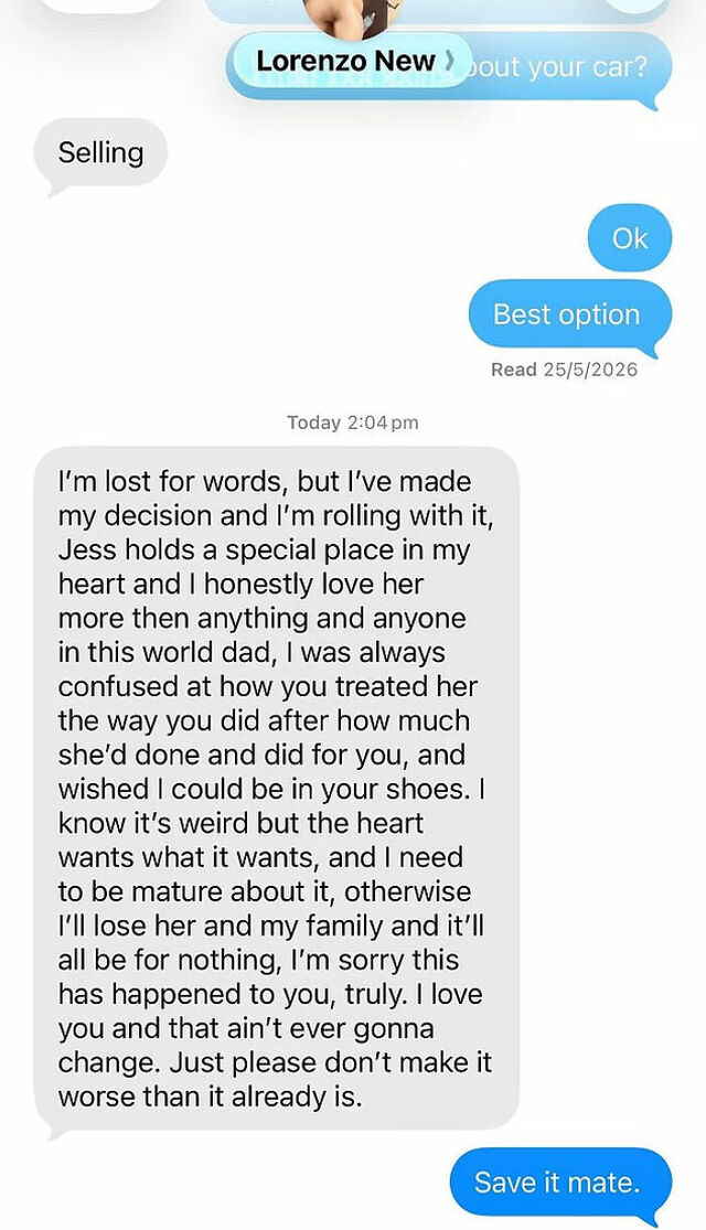 The leaked Instagram text exchange where Lorenzo explicitly defends his love for Jessica to his father.