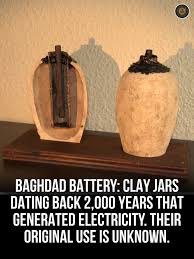 In 1936, archaeologists dug up a clay jar near Baghdad containing a copper  cylinder, an iron rod, and a question nobody has settled since. The jar was  found at Khujut Rabu, just